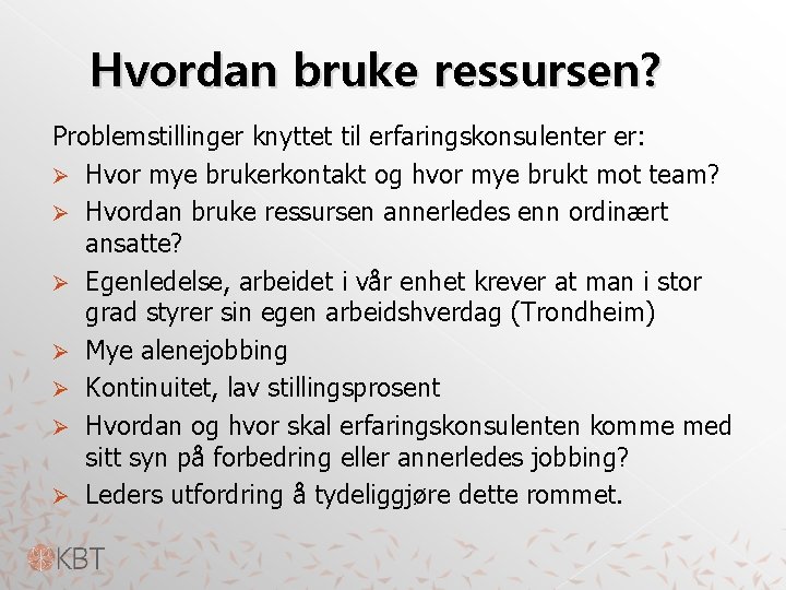 Hvordan bruke ressursen? Problemstillinger knyttet til erfaringskonsulenter er: Ø Hvor mye brukerkontakt og hvor