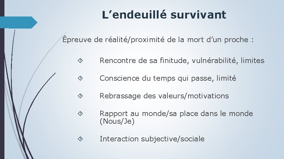 L’endeuillé survivant Épreuve de réalité/proximité de la mort d’un proche : Rencontre de sa