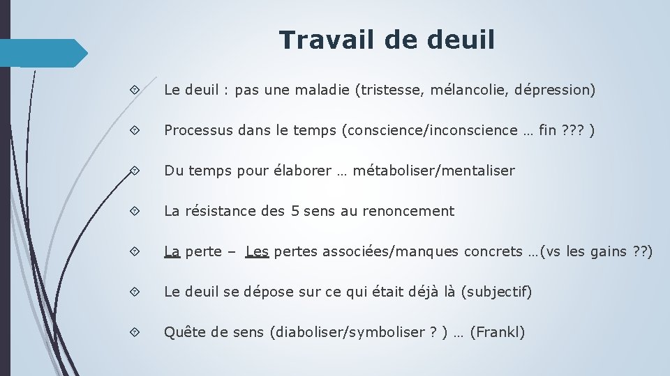 Travail de deuil Le deuil : pas une maladie (tristesse, mélancolie, dépression) Processus dans