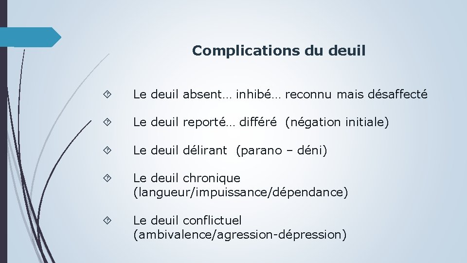 Complications du deuil Le deuil absent… inhibé… reconnu mais désaffecté Le deuil reporté… différé