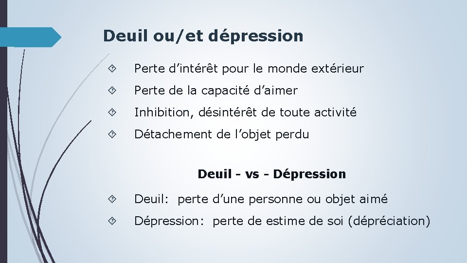 Deuil ou/et dépression Perte d’intérêt pour le monde extérieur Perte de la capacité d’aimer