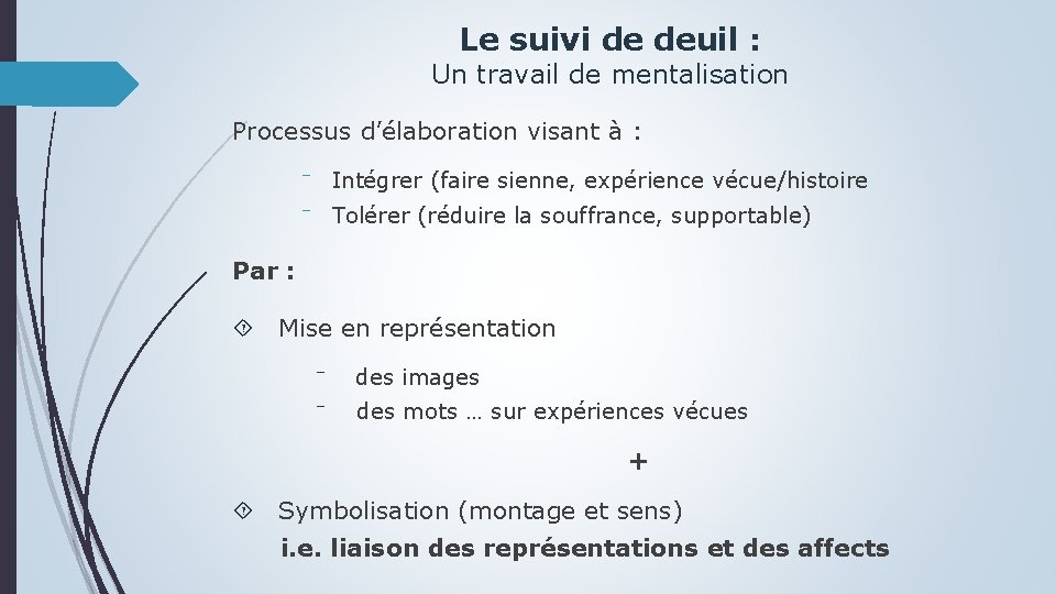 Le suivi de deuil : Un travail de mentalisation Processus d’élaboration visant à :