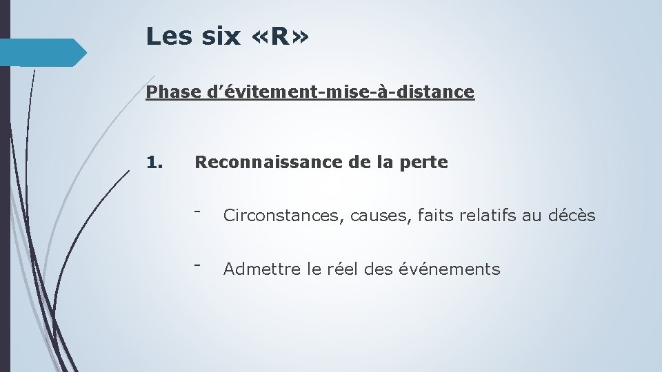 Les six «R» Phase d’évitement-mise-à-distance 1. Reconnaissance de la perte ‾ Circonstances, causes, faits