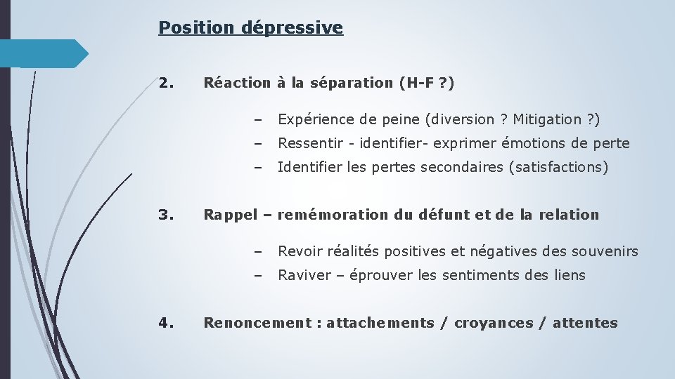 Position dépressive 2. 3. 4. Réaction à la séparation (H-F ? ) ‒ Expérience