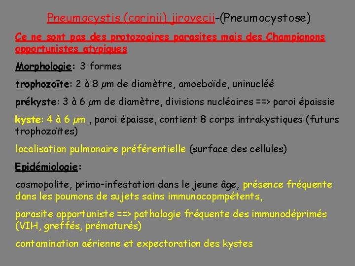 Pneumocystis (carinii) jirovecii-(Pneumocystose) Ce ne sont pas des protozoaires parasites mais des Champignons opportunistes