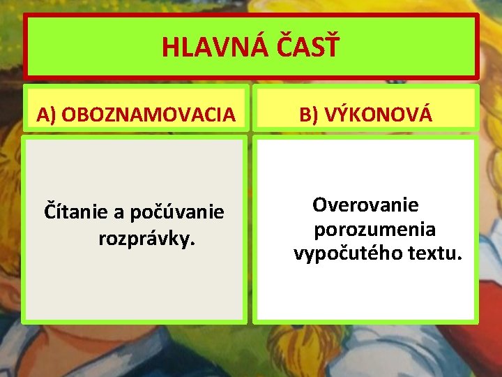 HLAVNÁ ČASŤ A) OBOZNAMOVACIA Čítanie a počúvanie rozprávky. B) VÝKONOVÁ Overovanie porozumenia vypočutého textu.