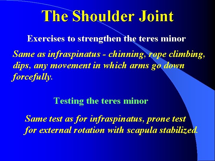 The Shoulder Joint Exercises to strengthen the teres minor Same as infraspinatus - chinning,