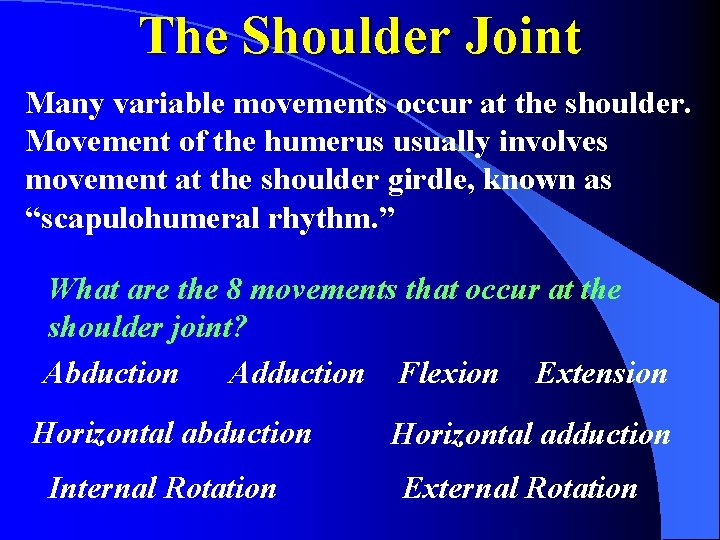 The Shoulder Joint Many variable movements occur at the shoulder. Movement of the humerus