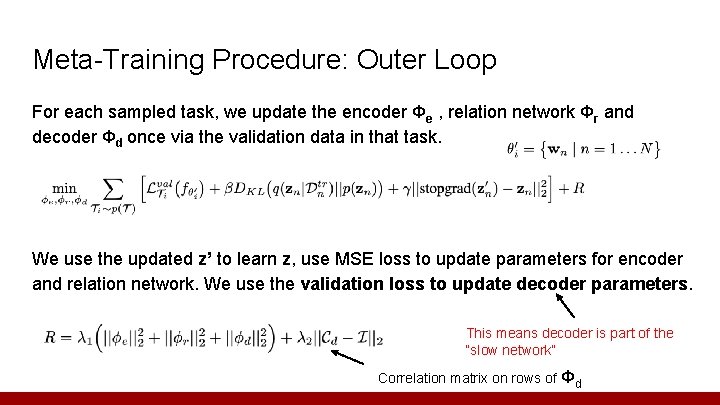 Meta-Training Procedure: Outer Loop For each sampled task, we update the encoder Φe ,