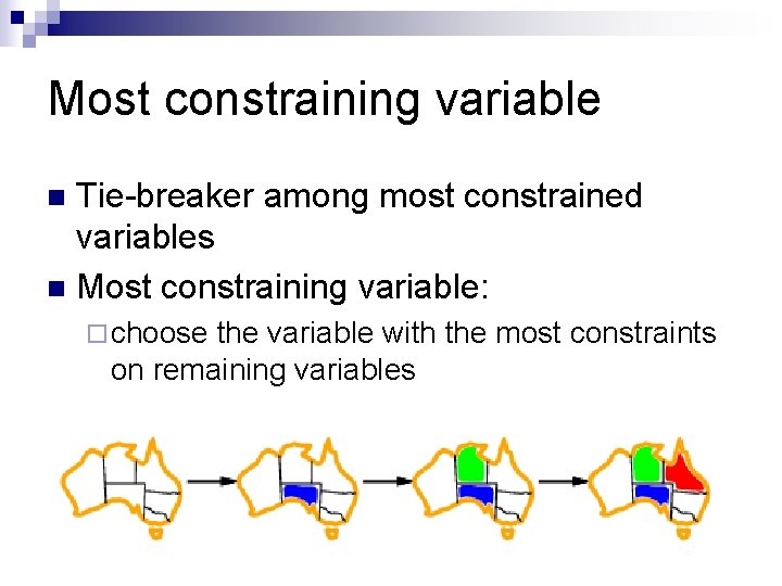 Most constraining variable Tie-breaker among most constrained variables n Most constraining variable: n ¨