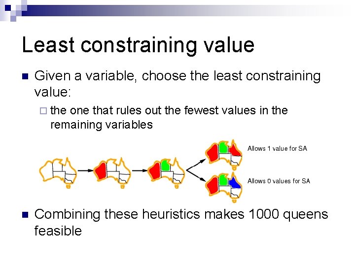 Least constraining value n Given a variable, choose the least constraining value: ¨ the
