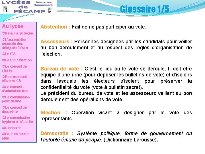 Glossaire 1/5 Au lycée Abstention : Fait de ne pas participer au vote. ÜDélégué