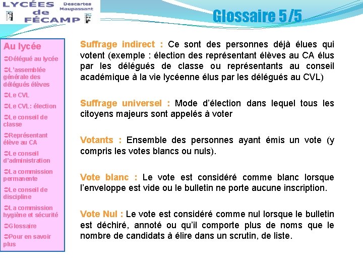 Glossaire 5/5 Au lycée ÜDélégué au lycée ÜL’assemblée générale des délégués élèves ÜLe CVL: