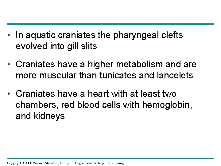  • In aquatic craniates the pharyngeal clefts evolved into gill slits • Craniates