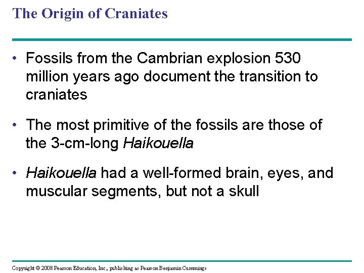 The Origin of Craniates • Fossils from the Cambrian explosion 530 million years ago