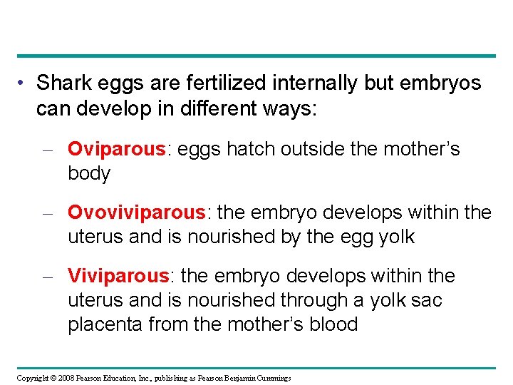  • Shark eggs are fertilized internally but embryos can develop in different ways: