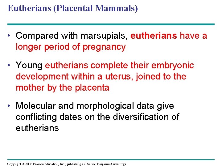Eutherians (Placental Mammals) • Compared with marsupials, eutherians have a longer period of pregnancy