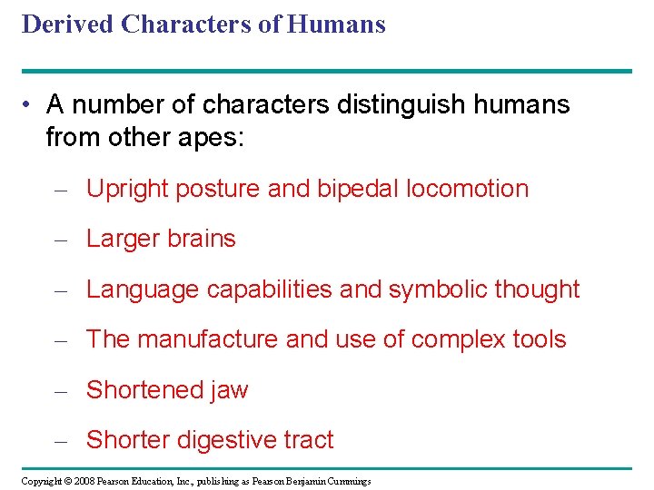 Derived Characters of Humans • A number of characters distinguish humans from other apes:
