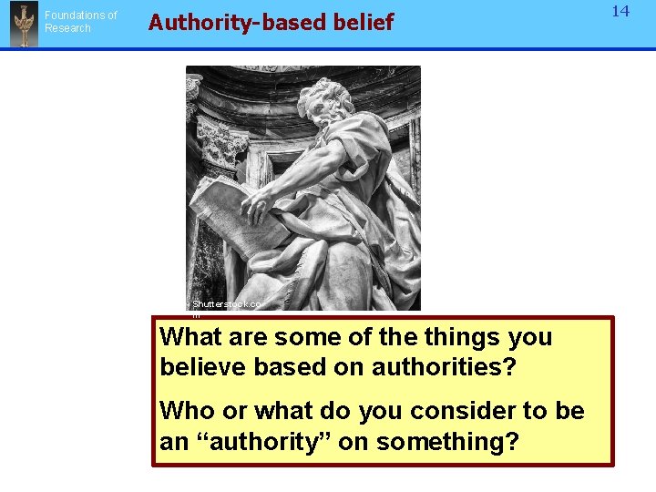 Foundations of Research Authority-based belief Shutterstock. co m What are some of the things