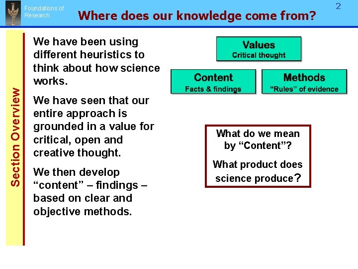 Foundations of Research Where does our knowledge come from? Section Overview We have been