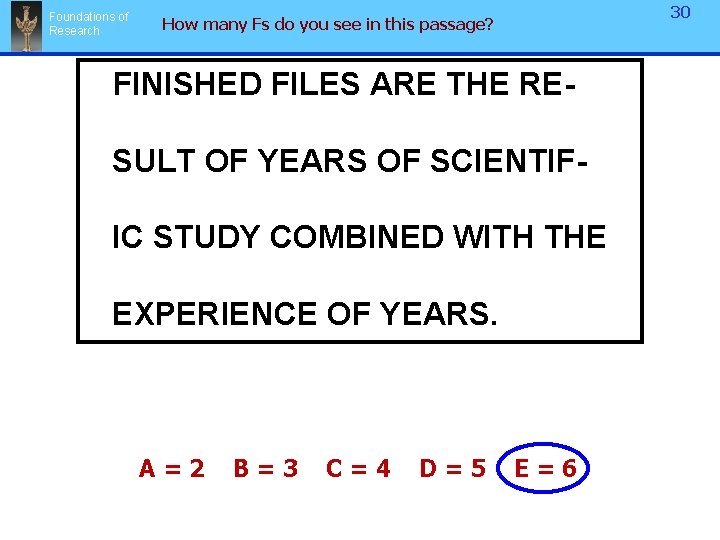 Foundations of Research 30 How many Fs do you see in this passage? FINISHED