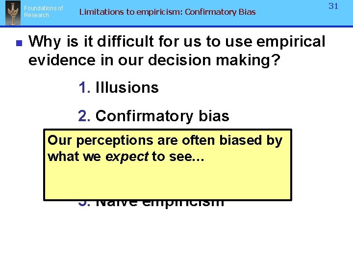 Foundations of Research n Limitations to empiricism: Confirmatory Bias 31 Why is it difficult