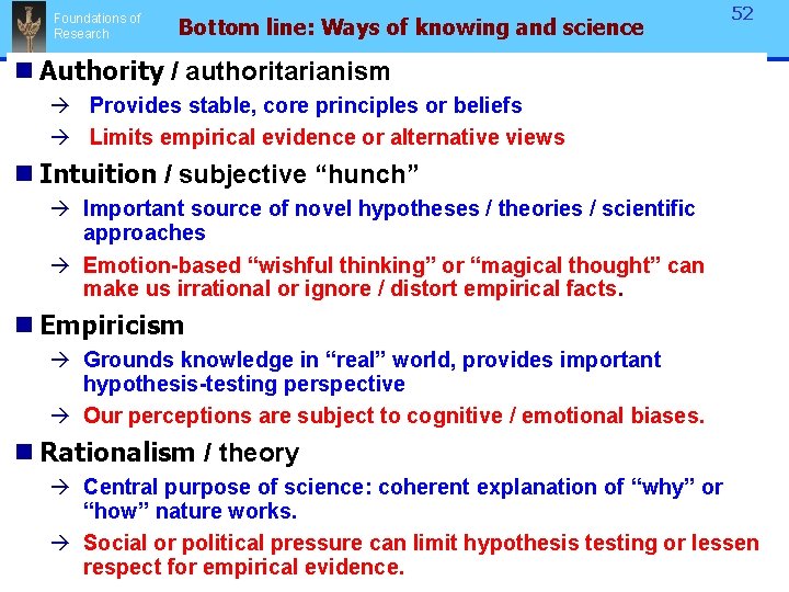 Foundations of Research Bottom line: Ways of knowing and science 52 n Authority /