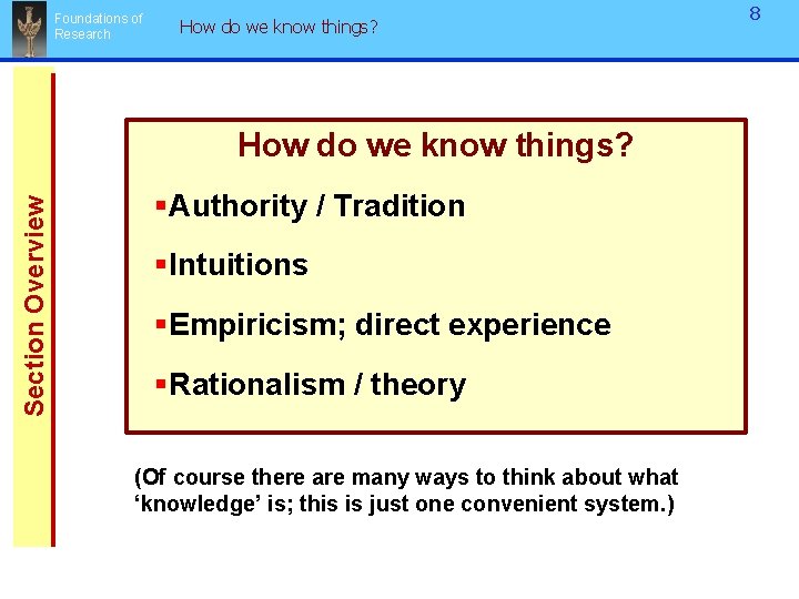 Foundations of Research How do we know things? Section Overview How do we know