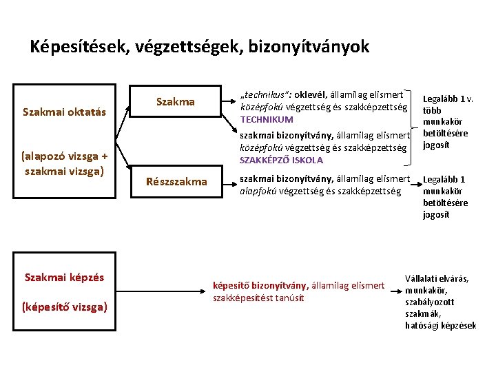 Képesítések, végzettségek, bizonyítványok Szakmai oktatás (alapozó vizsga + szakmai vizsga) Szakmai képzés (képesítő vizsga) Képesítések, végzettségek, bizonyítványok Szakmai oktatás (alapozó vizsga + szakmai vizsga) Szakmai képzés (képesítő vizsga)