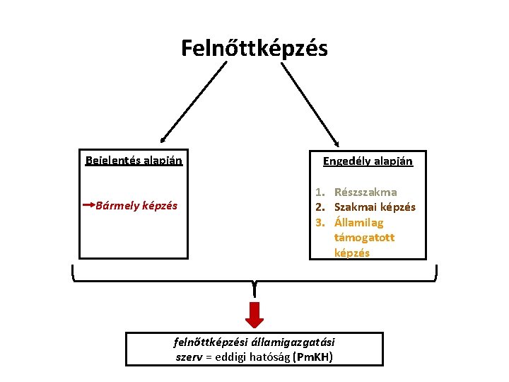 Felnőttképzés Bejelentés alapján Bármely képzés Engedély alapján 1. Részszakma 2. Szakmai képzés 3. Államilag Felnőttképzés Bejelentés alapján Bármely képzés Engedély alapján 1. Részszakma 2. Szakmai képzés 3. Államilag
