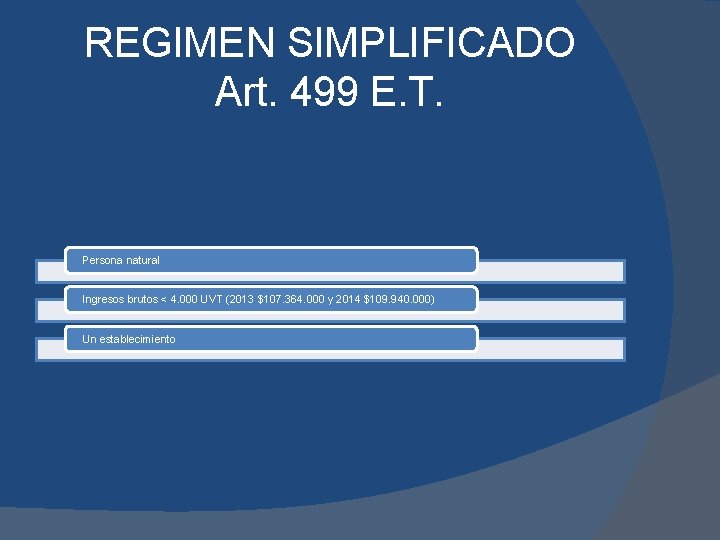 REGIMEN SIMPLIFICADO Art. 499 E. T. Persona natural Ingresos brutos < 4. 000 UVT