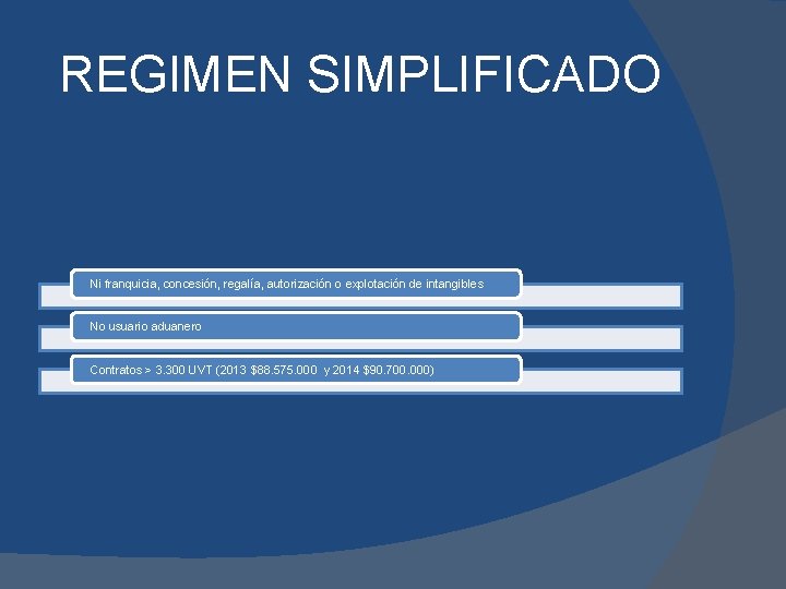 REGIMEN SIMPLIFICADO Ni franquicia, concesión, regalía, autorización o explotación de intangibles No usuario aduanero