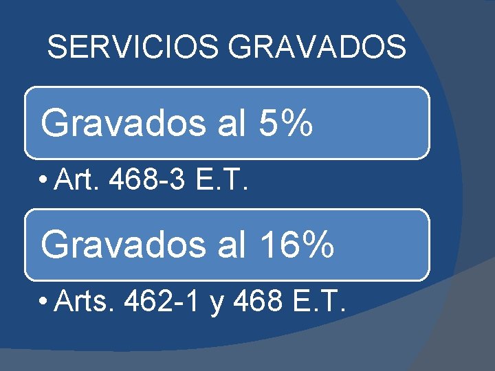 SERVICIOS GRAVADOS Gravados al 5% • Art. 468 -3 E. T. Gravados al 16%
