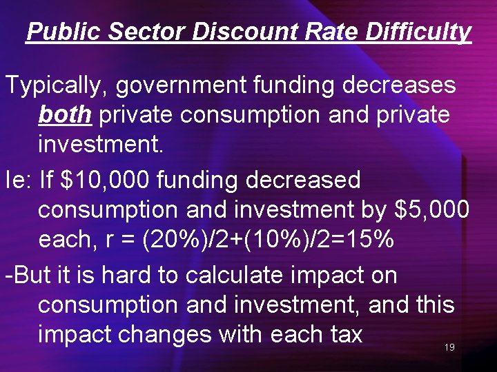 Public Sector Discount Rate Difficulty Typically, government funding decreases both private consumption and private