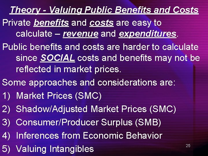 Theory - Valuing Public Benefits and Costs Private benefits and costs are easy to