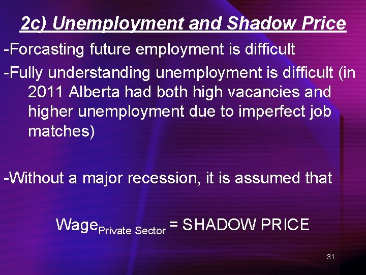 2 c) Unemployment and Shadow Price -Forcasting future employment is difficult -Fully understanding unemployment