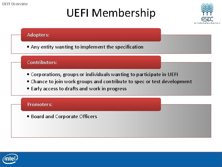 UEFI Overview UEFI Membership Adopters: • Any entity wanting to implement the specification Contributors: UEFI Overview UEFI Membership Adopters: • Any entity wanting to implement the specification Contributors: