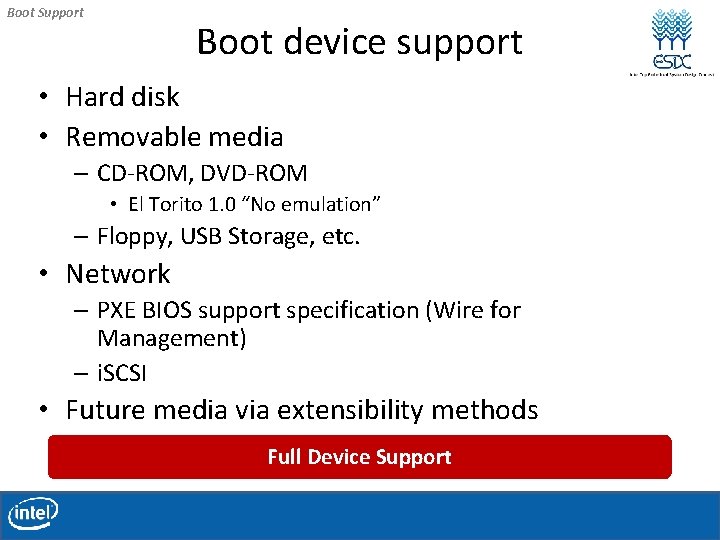 Boot Support Boot device support • Hard disk • Removable media – CD-ROM, DVD-ROM Boot Support Boot device support • Hard disk • Removable media – CD-ROM, DVD-ROM
