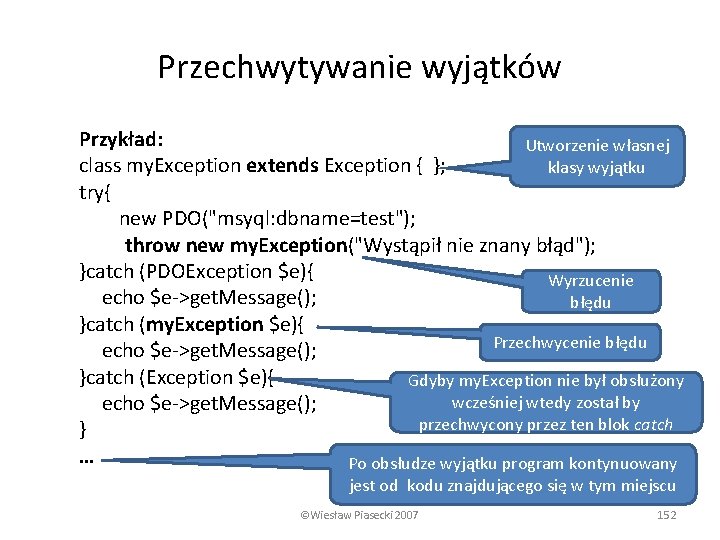 Przechwytywanie wyjątków Przykład: Utworzenie własnej class my. Exception extends Exception { }; klasy wyjątku