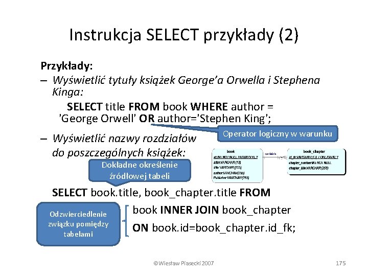 Instrukcja SELECT przykłady (2) Przykłady: – Wyświetlić tytuły książek George’a Orwella i Stephena Kinga: