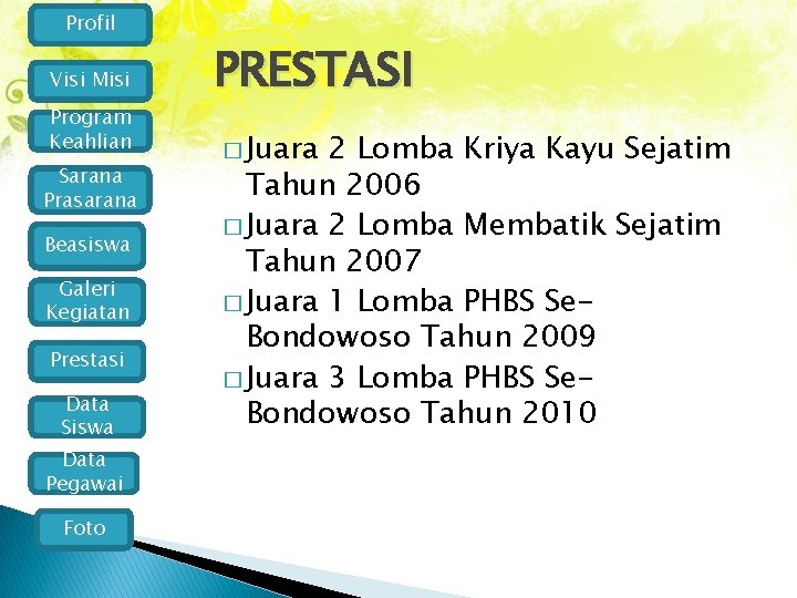 Profil Visi Misi Program Keahlian Sarana Prasarana Beasiswa Galeri Kegiatan Prestasi Data Siswa Data