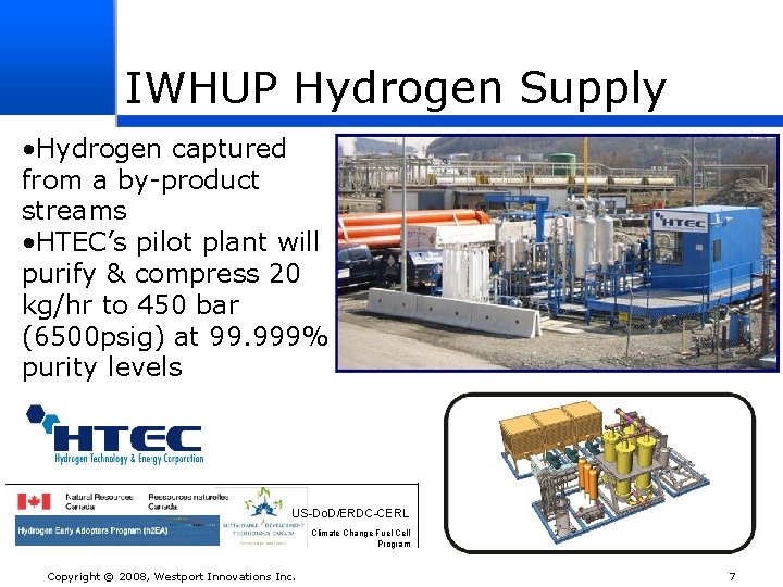 IWHUP Hydrogen Supply • Hydrogen captured from a by-product streams • HTEC’s pilot plant