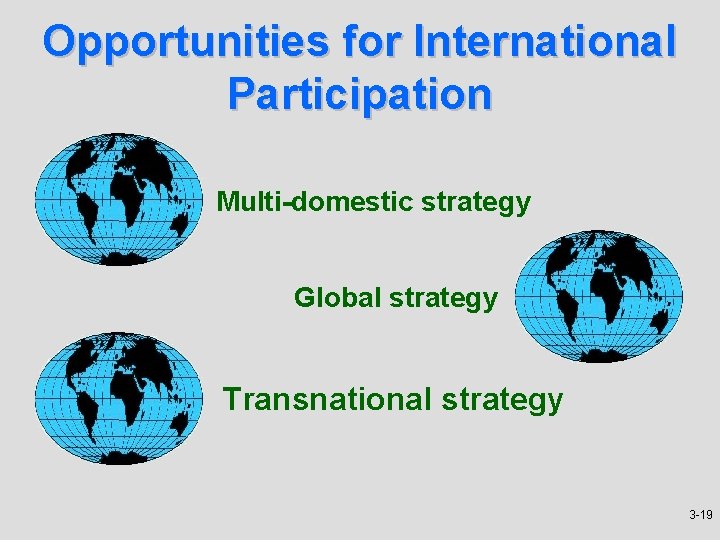Opportunities for International Participation Multi-domestic strategy Global strategy Transnational strategy 3 -19 