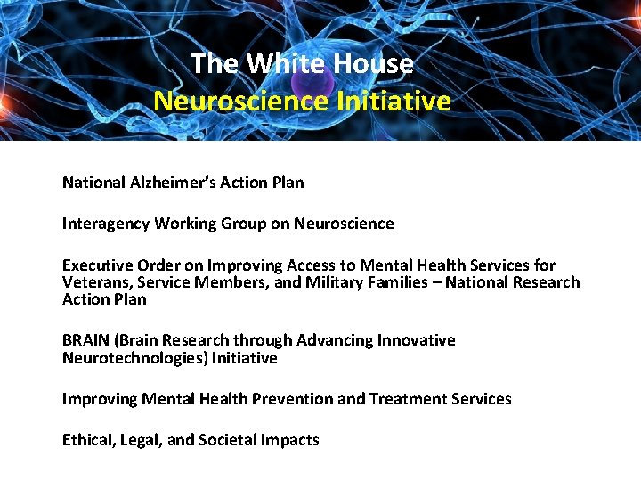 The White House Neuroscience Initiative • National Alzheimer’s Action Plan • Interagency Working Group