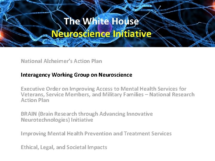 The White House Neuroscience Initiative • National Alzheimer’s Action Plan • Interagency Working Group