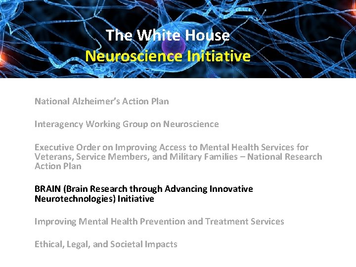 The White House Neuroscience Initiative • National Alzheimer’s Action Plan • Interagency Working Group