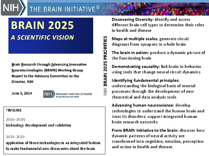 NIH BRAIN 2025 PRIORITIES Discovering Diversity: identify and access different brain cell types to