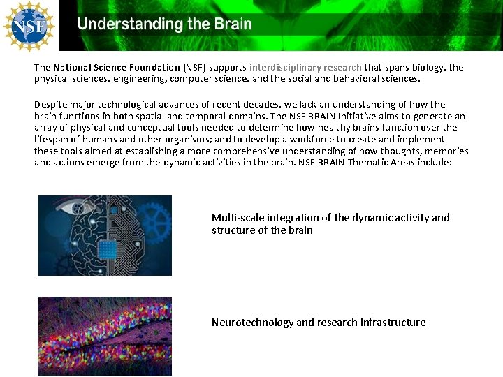 The National Science Foundation (NSF) supports interdisciplinary research that spans biology, the physical sciences,