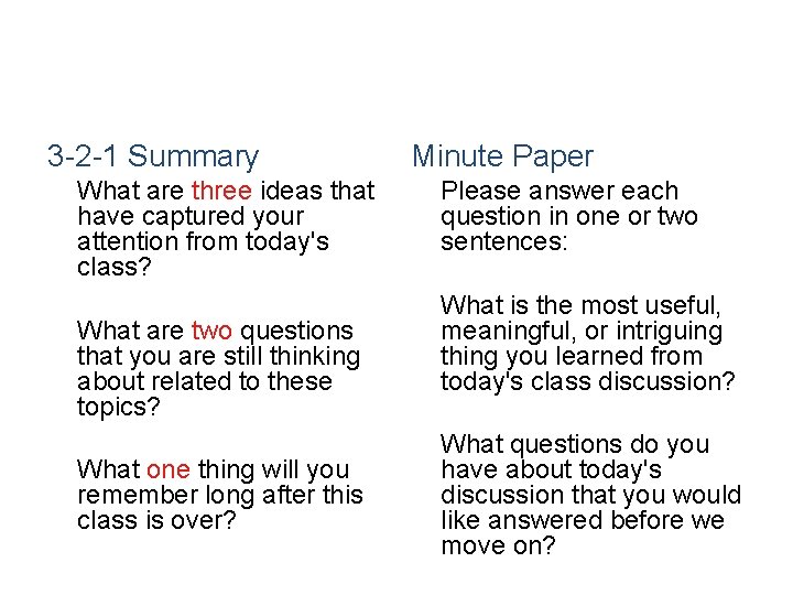 3 -2 -1 Summary What are three ideas that have captured your attention from