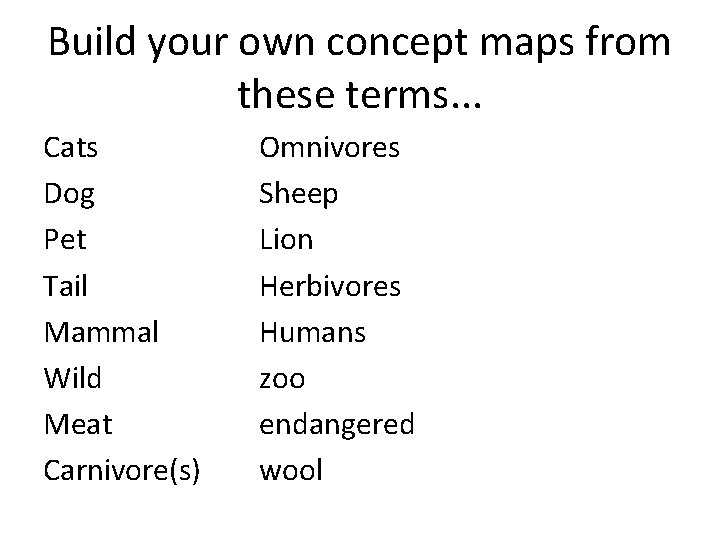 Build your own concept maps from these terms. . . Cats Dog Pet Tail